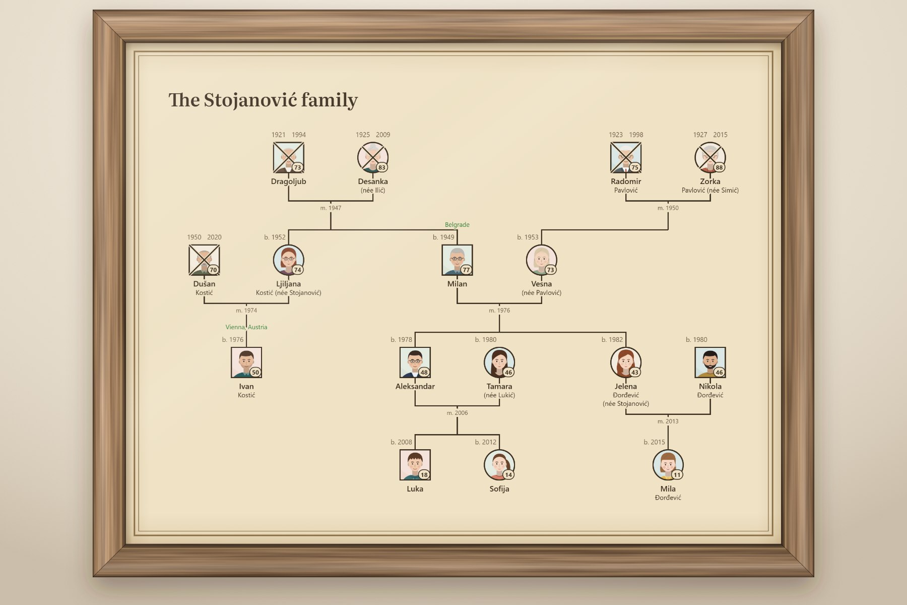 The Stojanović family tree printed on parchment, in a wooden frame on a wall